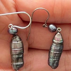 Artisan 925 Sterling Silver Rare Peacock Biwa Stick Pearl Earrings